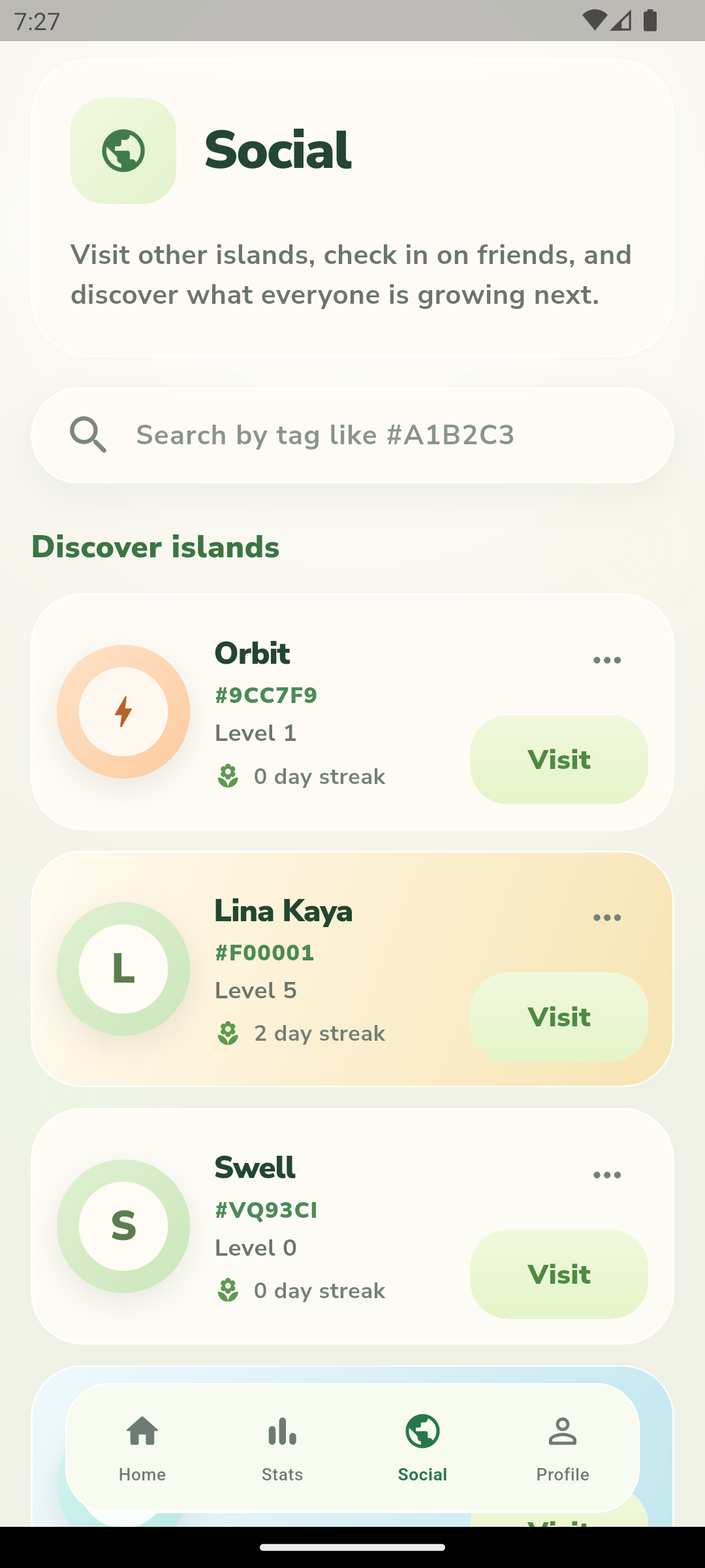 Islandly social discovery screen